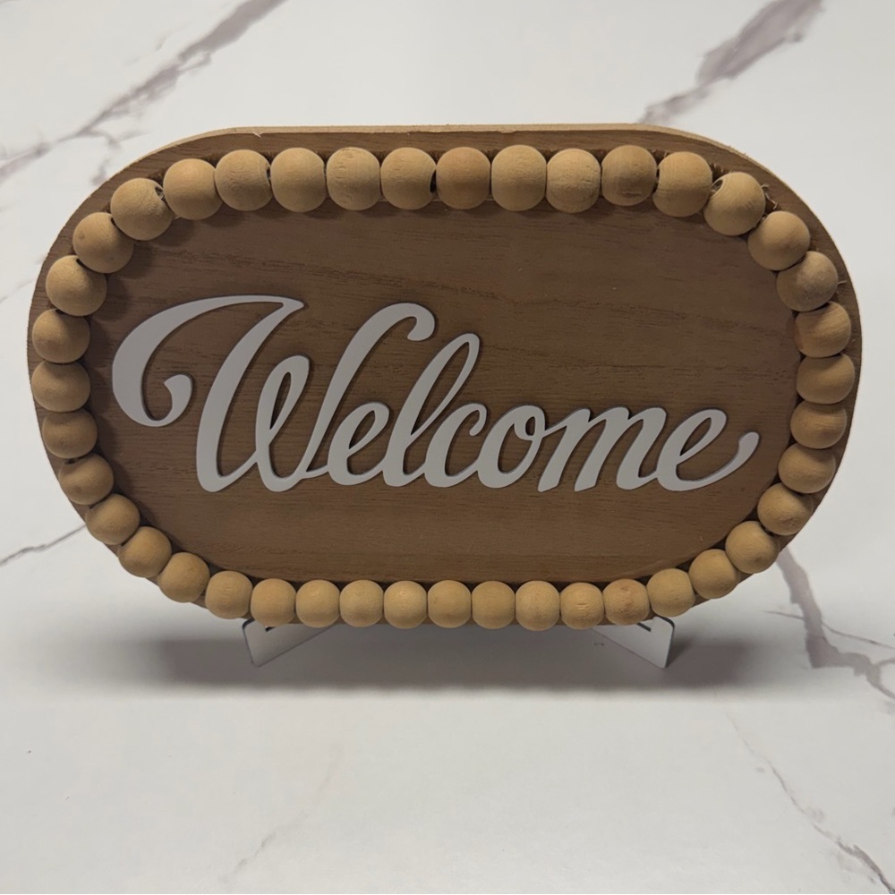 Wood Beaded "Welcome" Sign with easel Farmhouse Style